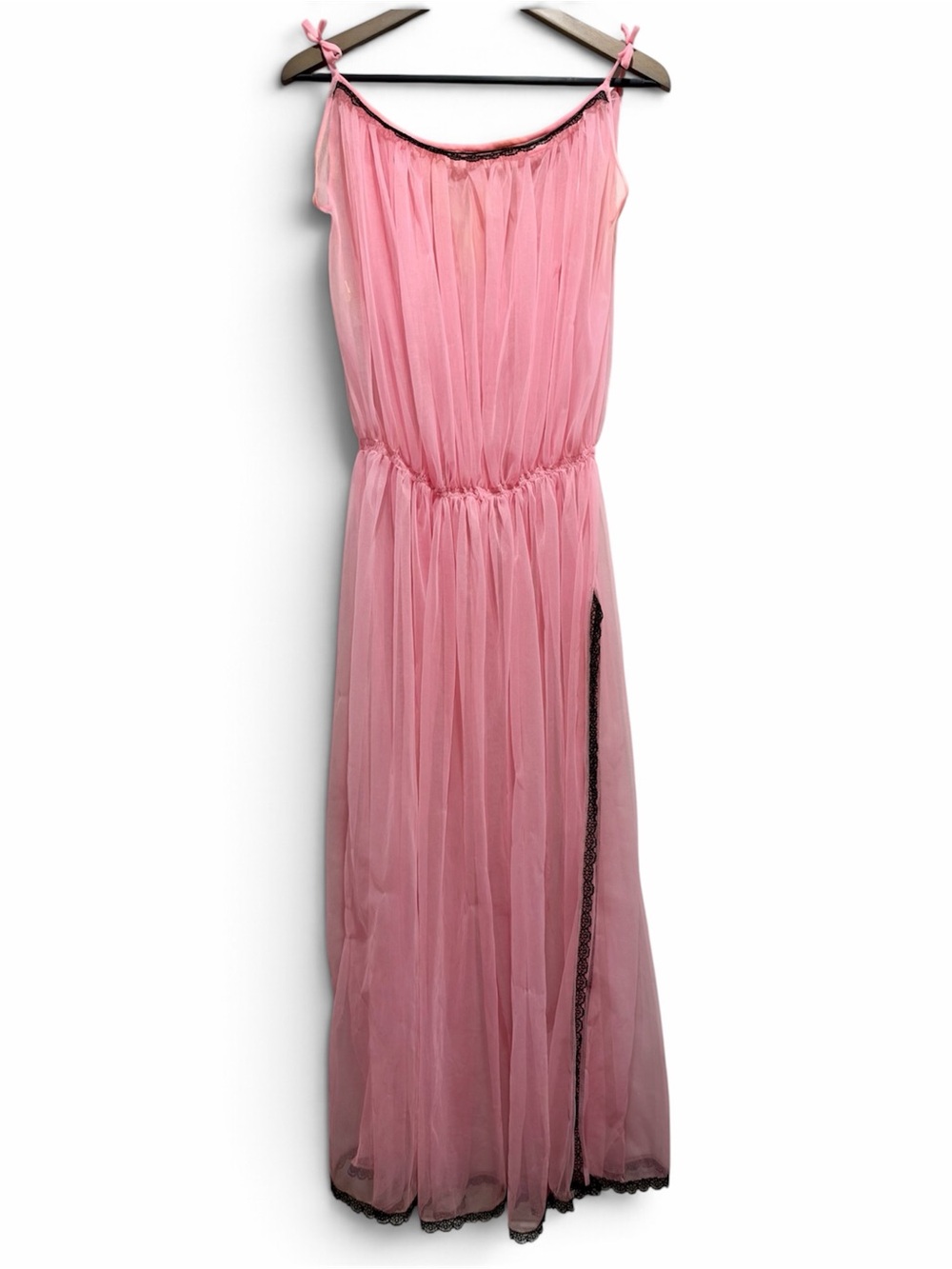 Vintage Pink Sheer Maxi Nightgown Black Lace Coquette S